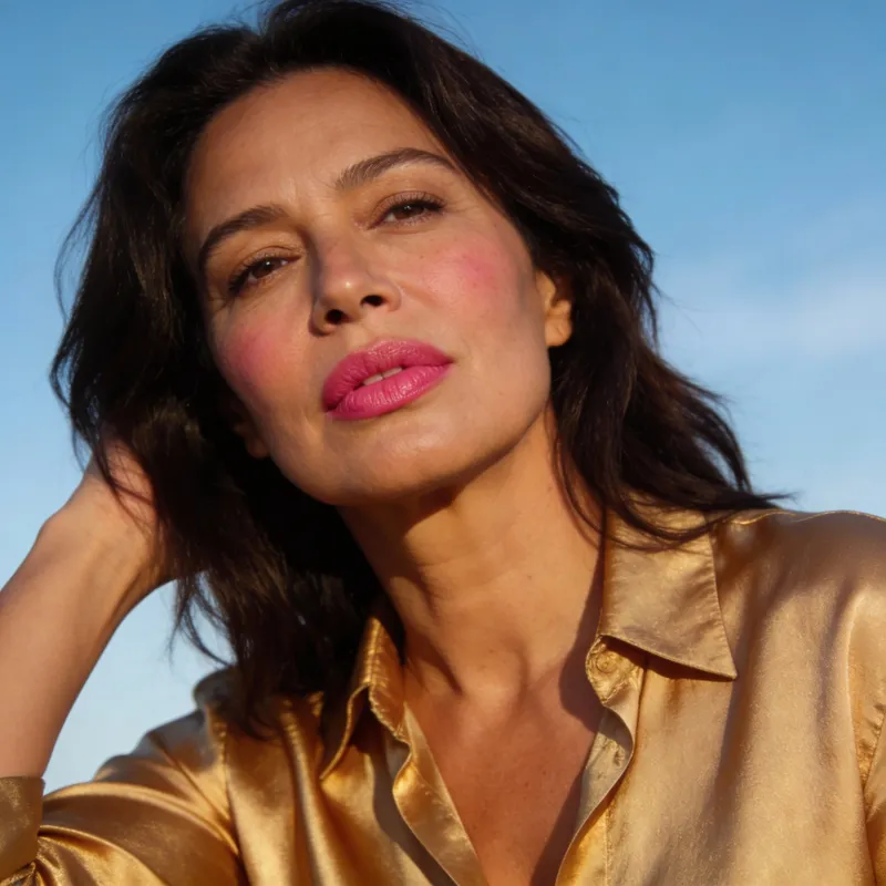 Stylish Brunette Woman in Gold Shirt