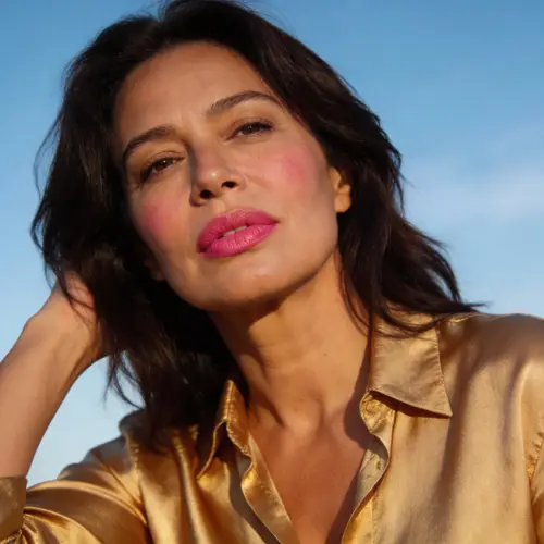 Stylish Brunette Woman in Gold Shirt