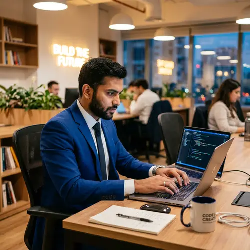 Confident South Asian Man Coding in Royal Blue Suit | Modern Workspace
