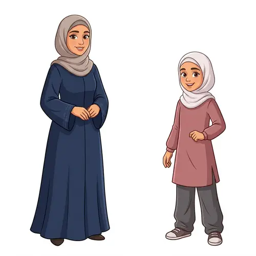 Middle-Eastern Muslim Mother and Daughter Cartoon Characters