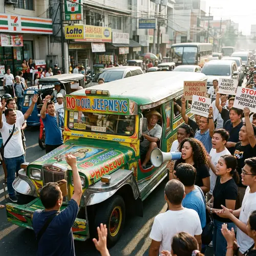 Traditional Jeepney Protest in Diverse Street Scene