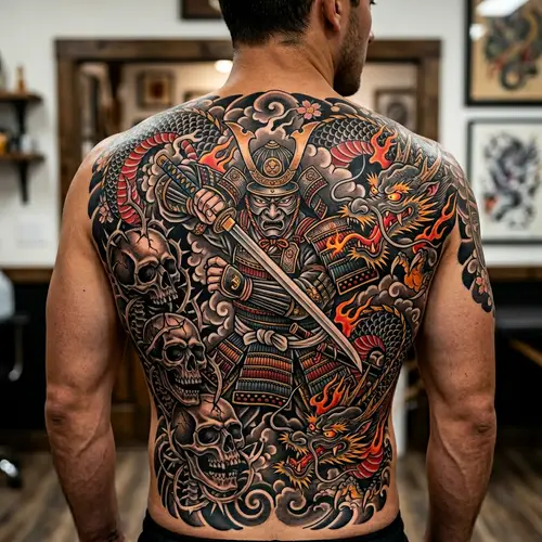 Intricate Back Tattoo: Samurai, Skulls & Dragons