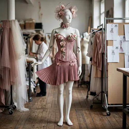 Pink Dust Corset with Pleated Skirt by Jean Paul Gaultier