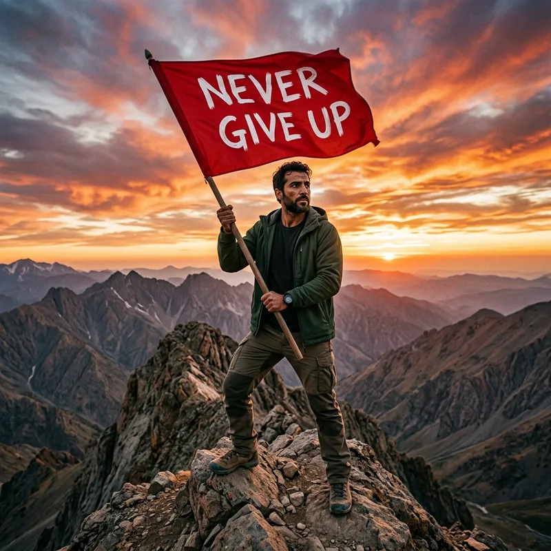 Resilient Middle-Eastern Man on Rocky Peak with 'Never Give Up' Flag