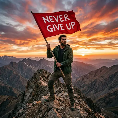 Determined Middle-Eastern Man on Rocky Peak with 'Never Give Up' Flag
