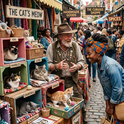 Eclectic Marketplace with Colorful Cats and Traders