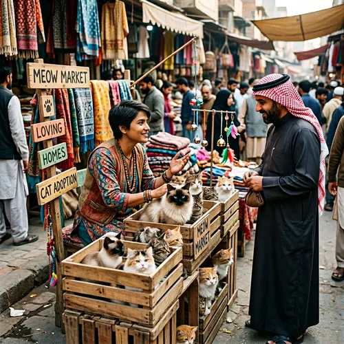 Bustling Market Scene with Curious Cats and Charismatic Individual