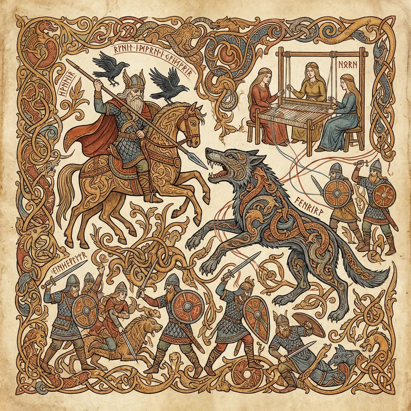 Nordic Ringerike Art: Odin vs Fenrir Battle With Nornas & Einherjar Nordic Ringerike Art: Odin vs Fenrir Battle With Nornas & Einherjar
