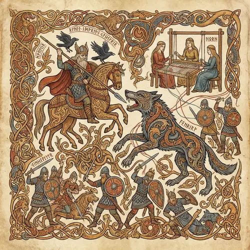 Nordic Art (Ringerike) - Odin vs Fenrir Battle with Nornas & Einherjar