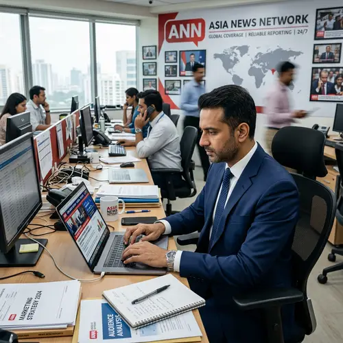 South Asian Businessman in News Office: Engrossed in Work