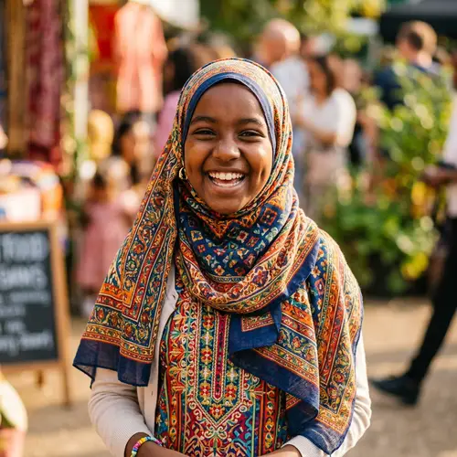 Joyful Black Muslim Girl in Vibrant Hijab | Positive Emotions