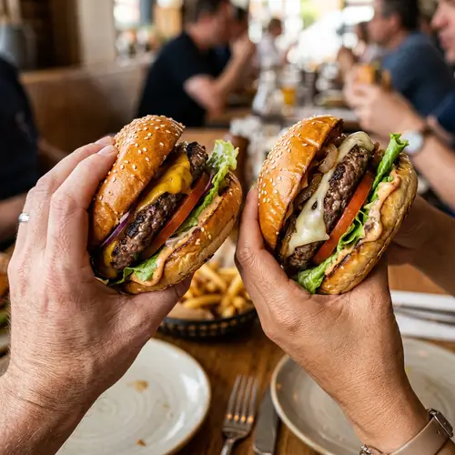 Delicious Beef Burger with Asian and Caucasian Hands