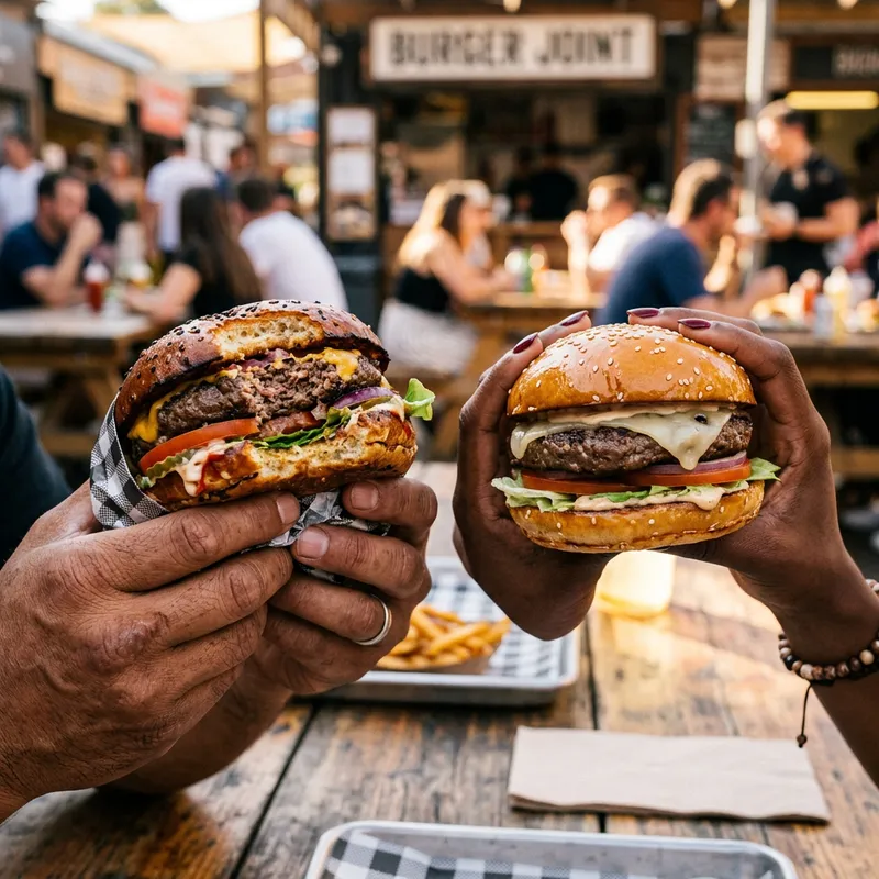 Delicious Burger Duo: Hands Holding Tasty Treats