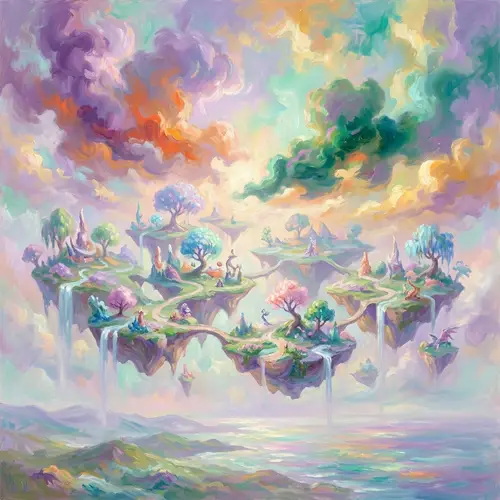 Fantasy Floating Islands Landscape in Vibrant Pastel Hues