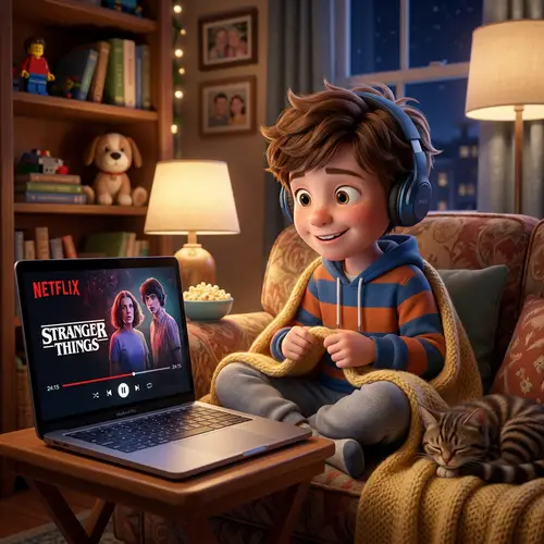 Boy Watching Netflix in 3D Cartoon Style