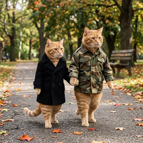 Plump Ginger Cats Dressed in Coats Walking Together