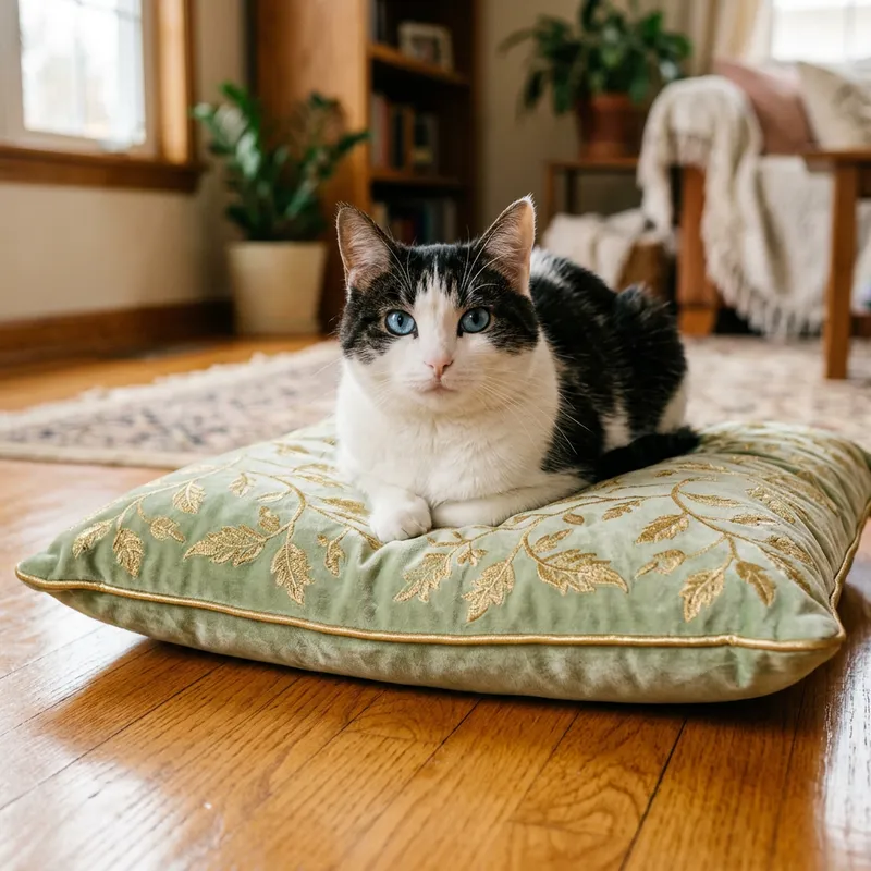 Adorable Black and White Patched Cat on Cozy Velvet Pillow