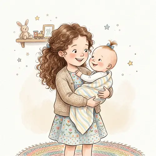 Charming Children's Book Illustration: Play Sister and Baby Embrace