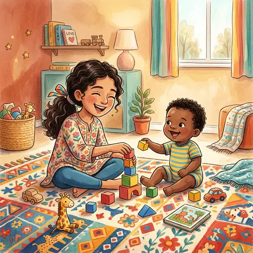 Middle-Eastern Girl Playing with Black Toddler on Colorful Carpet