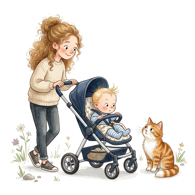 Modern Dark Blue Stroller: Play Sister, Baby Boy & Cat Interaction