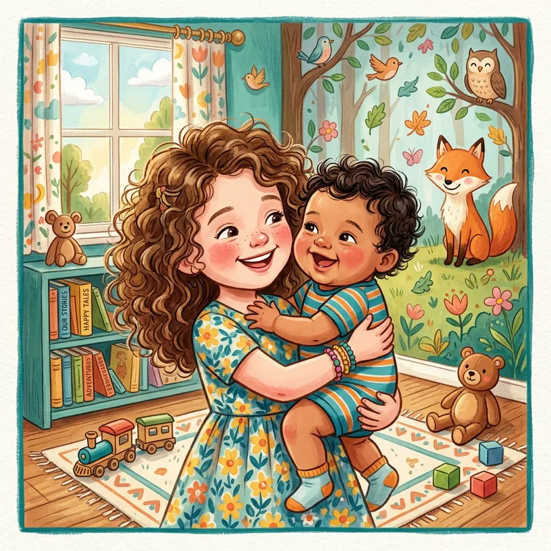 Heartfelt Connection: Playful Girl & Baby Boy Embracing in Colorful Illustration