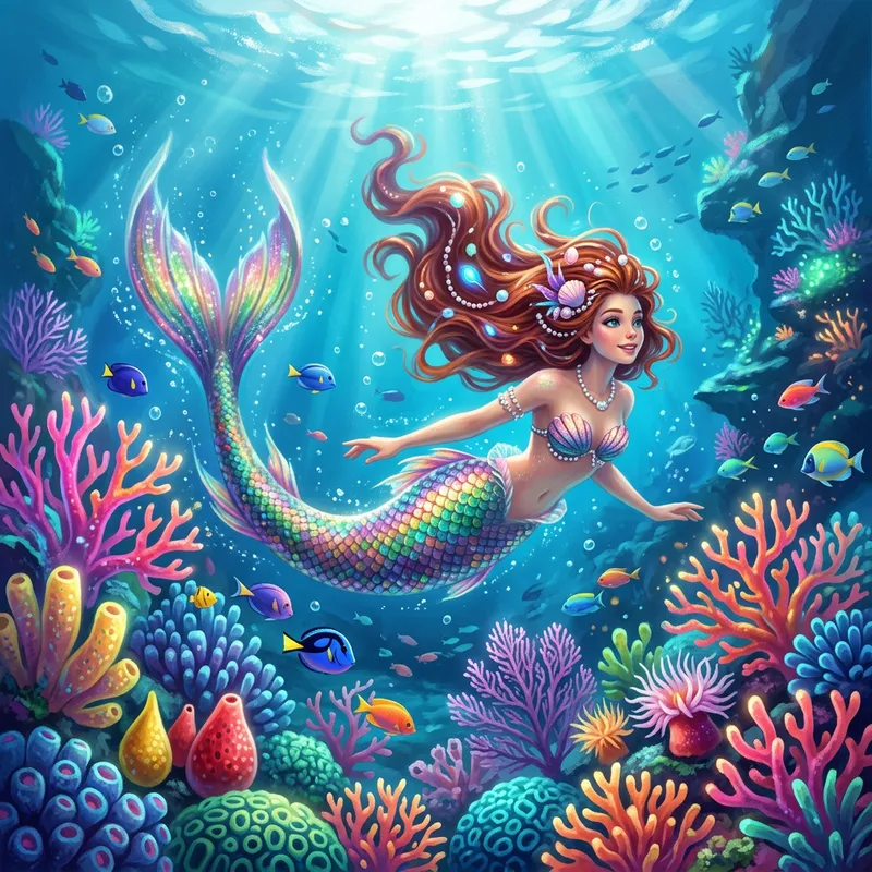 Ethereal Mermaid Among Vibrant Coral Reefs in Ocean Depths Ethereal Mermaid Among Vibrant Coral Reefs in Ocean Depths
