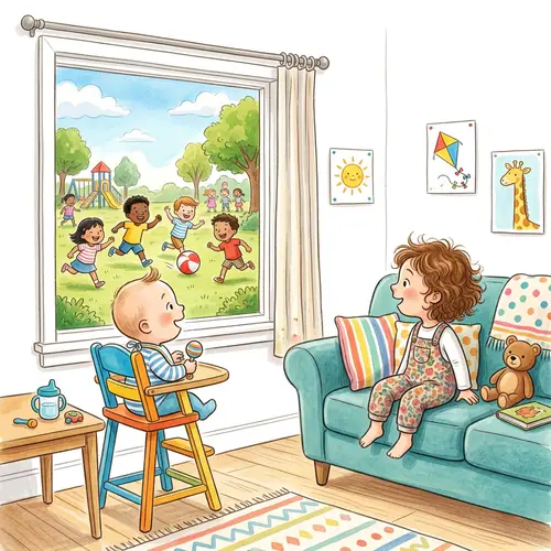 Whimsical Children's Book Illustration: Baby Boy and Play Sister Enjoying Outdoor Game