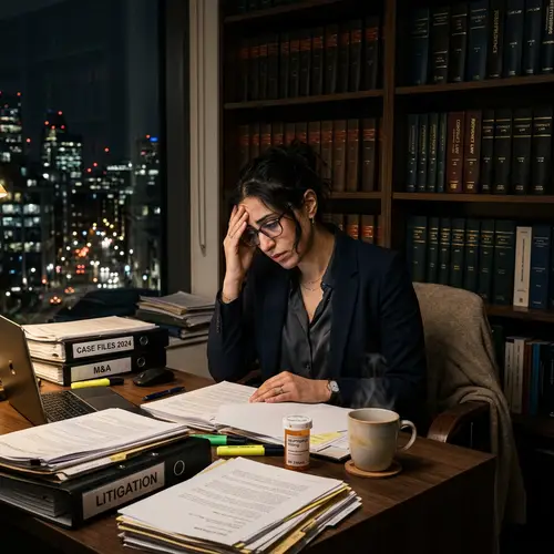 Stressed Female Middle-Eastern Lawyer Working Late in Office