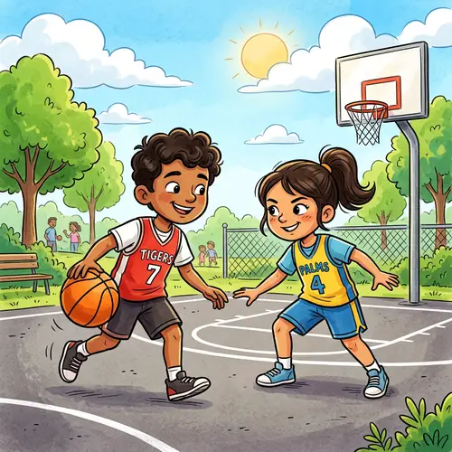 Fun Illustration: South Asian Boy and Hispanic Girl Playing Basketball