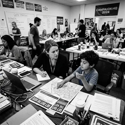 Determined Project Coordinator Orchestrating Major Campaign with Young Hispanic Boy