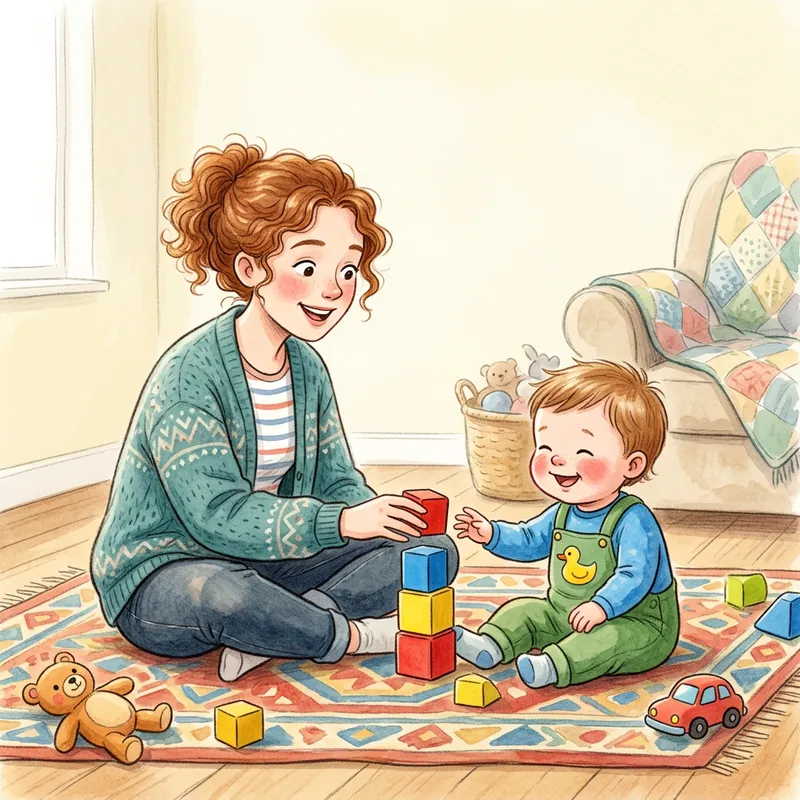 Joyful Babysitter Playing with Cute Child | Whimsical Kids Book Illustration