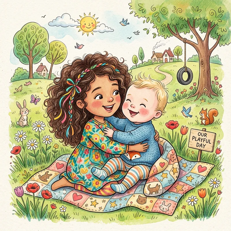 Heartwarming Children's Book Illustration: Young Girl and Baby Boy in Colorful Embrace