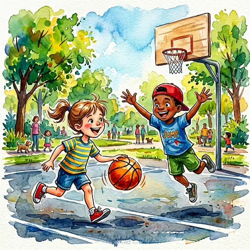 Joyful Children Basketball Game Watercolor Illustration
