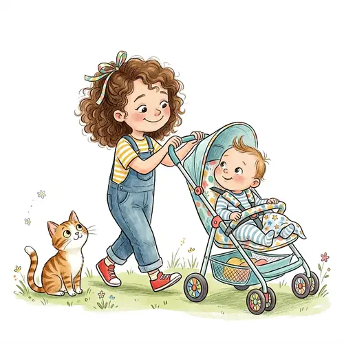 Cheerful Caucasian Girl Pushing Stroller with Baby Boy and Cat