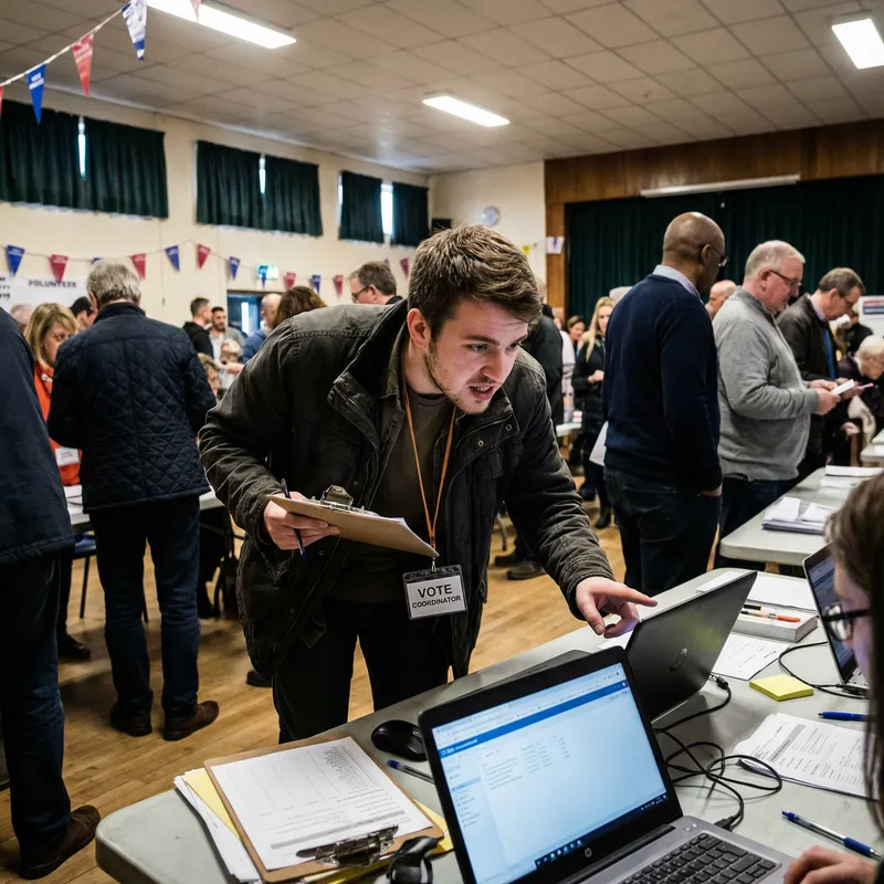 Intense Election Rally Scene with Determined Project Coordinator