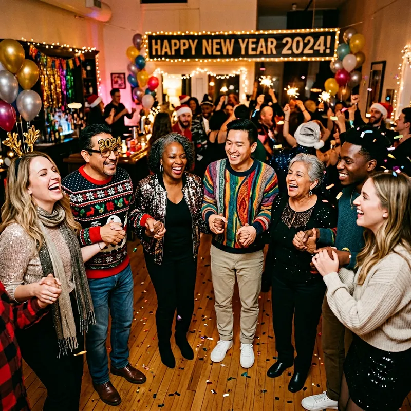 Cheerful People Holding Hands in New Year Celebration
