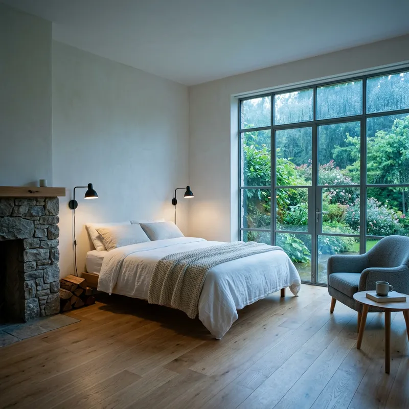Ultra 12k High Quality Simple Bedroom with Stone Fireplace & Garden View
