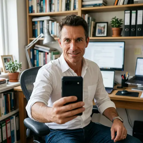 Confident Middle-Aged Man in Home Office Selfie