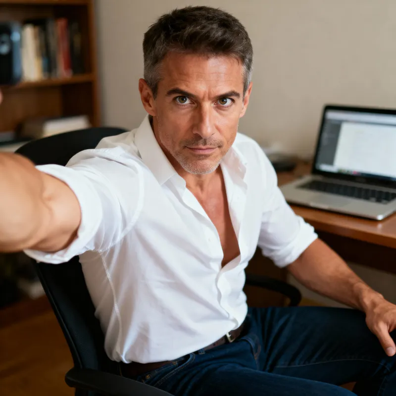 Confident Middle-Aged Man in Home Office Selfie
