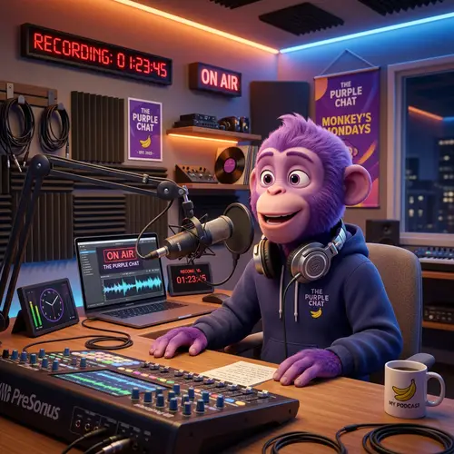 Animated Purple Monkey Podcaster in Contemporary Studio