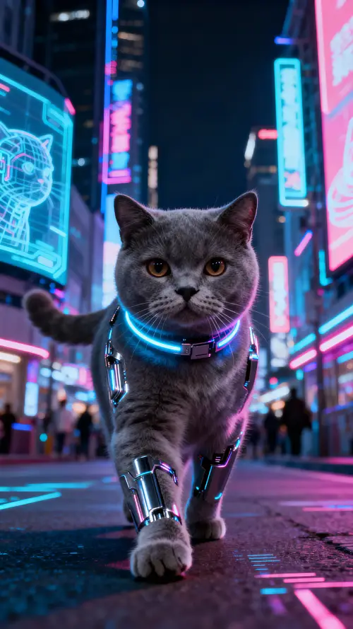 Cyber British Shorthair Cat Walking on Street