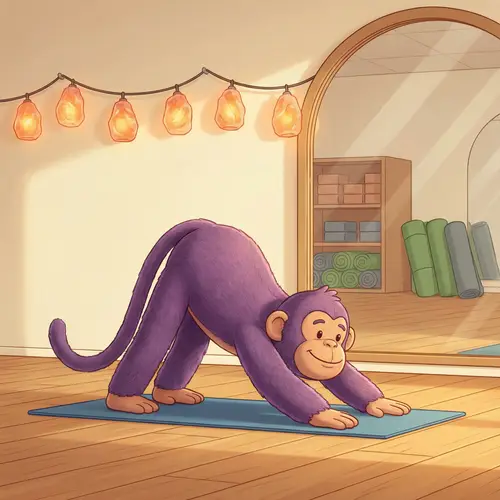 Animated Purple Monkey Yoga in Well-lit Studio
