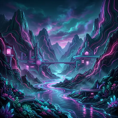 Futuristic Neon River Landscape Art in 8K