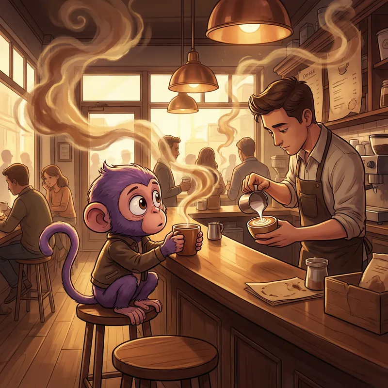 Animated Purple Monkey at Charming Coffee Spot