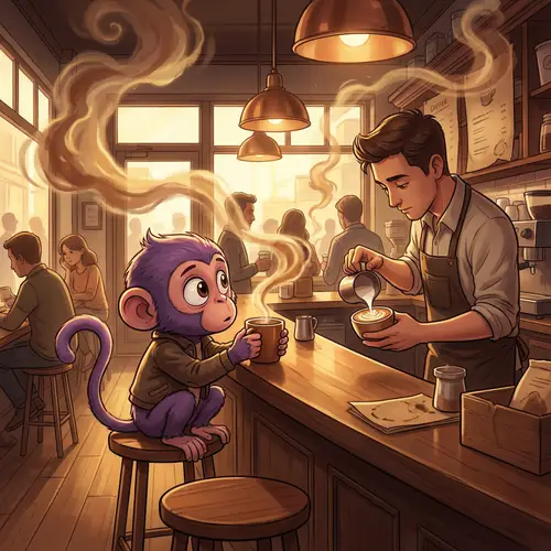 Animated Purple Monkey in Enchanting Coffee Shop Scene
