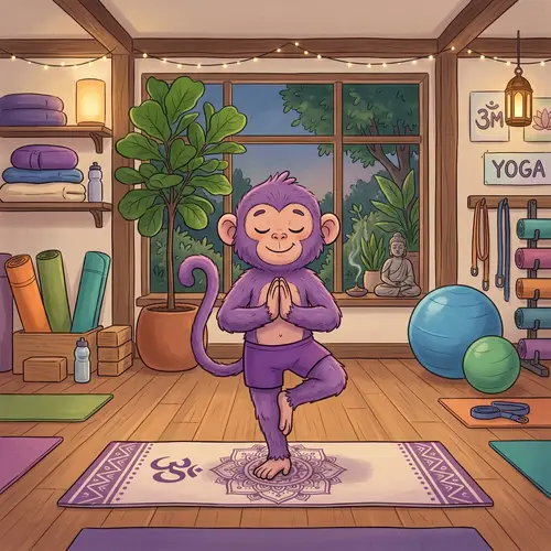 Animated Purple Monkey Practising Yoga in Well-Equipped Studio