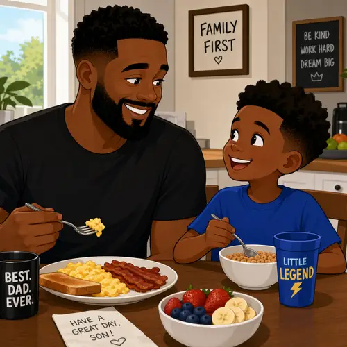 Heartwarming Cartoon of Dad and Son at Breakfast