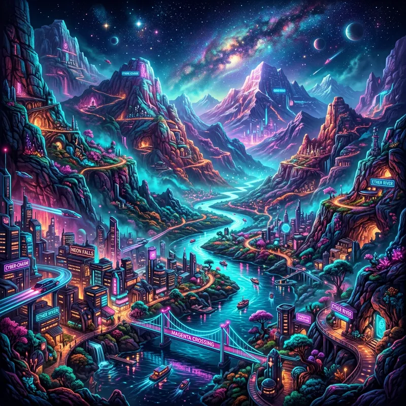 Vivid 3D Mountainous River in Neon Colors - Hyper Realistic Art