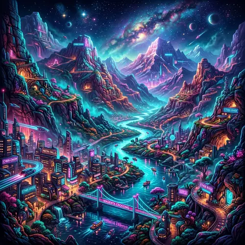 Futuristic 8K Neon-Style River Illustration in Mountainous Terrain
