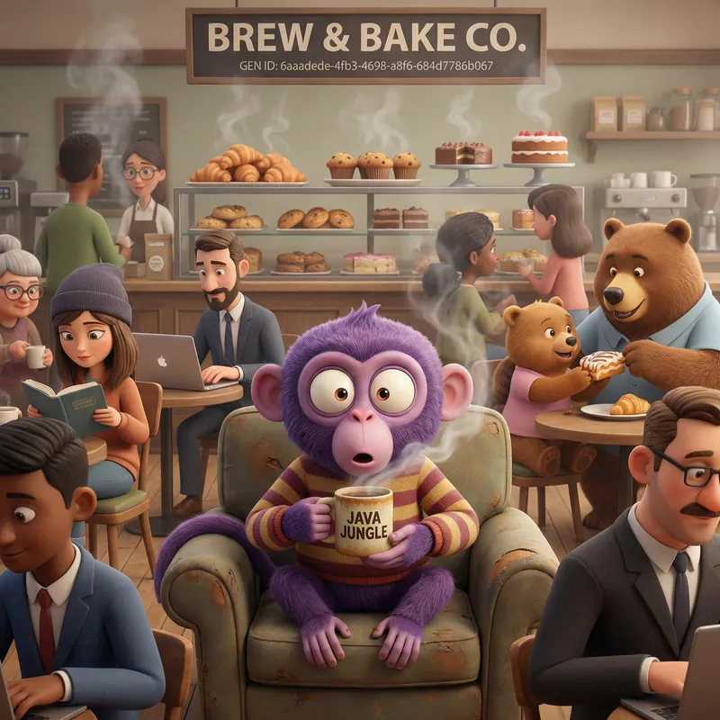 Animated Purple Monkey in Cozy Coffee Setting